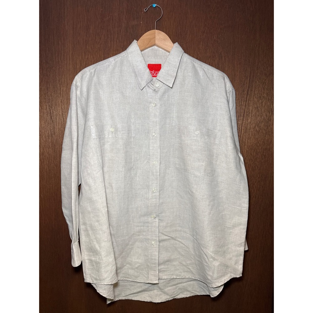 Liz & Co Beige Linen Long Sleeve Button Up Shirt Two Pocket Minimalist